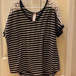 Navy and cream striped top with lace sleeve detail